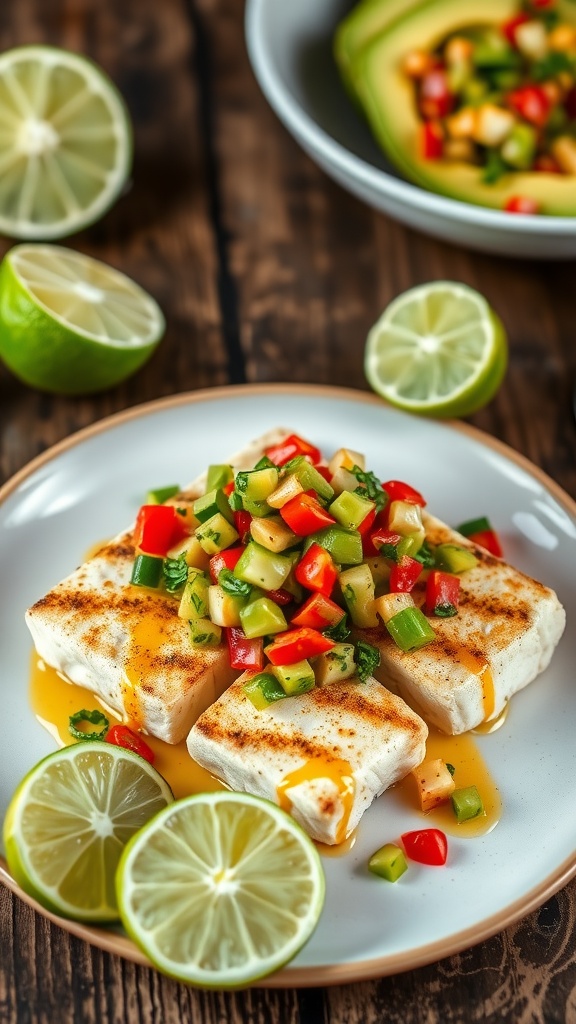 Grilled cod fillets with chili lime marinade topped with avocado salsa and lime wedges on a wooden table.